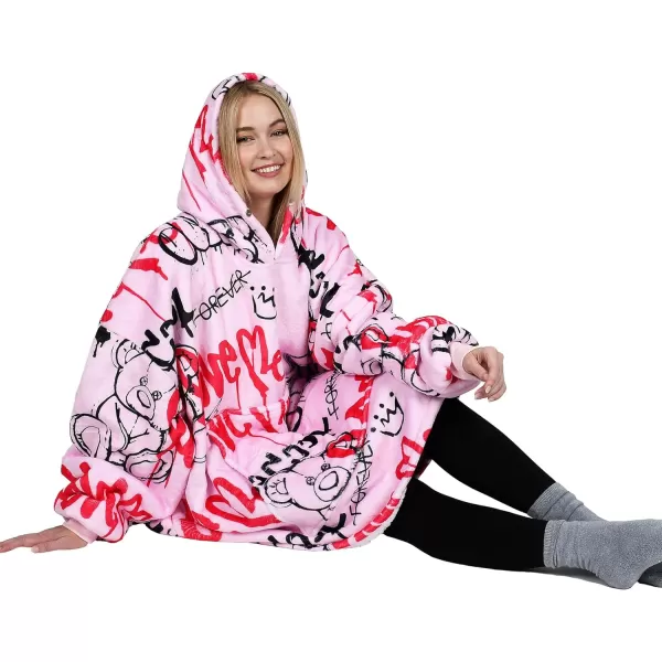 Catalonia Ribbit Deer Print Oversized Hoodie Blanket Sweatshirt Wearable Sherpa Giant Pullover for Adults Men Women Teenagers Wife Girlfriend GiftOne Size Graffiti Bear Pink