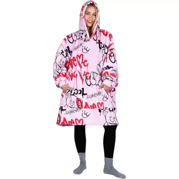 Catalonia Ribbit Deer Print Oversized Hoodie Blanket Sweatshirt Wearable Sherpa Giant Pullover for Adults Men Women Teenagers Wife Girlfriend GiftOne Size Graffiti Bear Pink