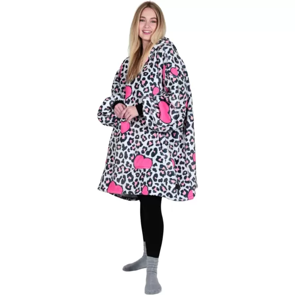 Catalonia Ribbit Deer Print Oversized Hoodie Blanket Sweatshirt Wearable Sherpa Giant Pullover for Adults Men Women Teenagers Wife Girlfriend GiftOne Size Leopard Heart White