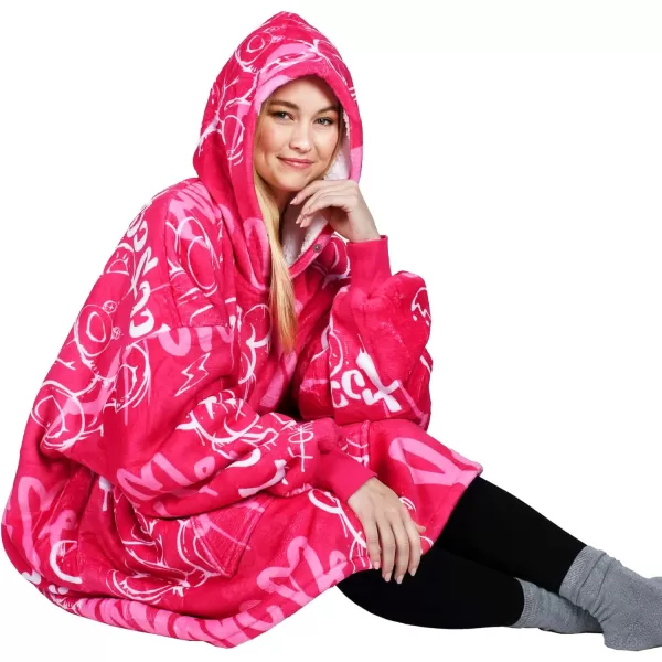 Catalonia Ribbit Deer Print Oversized Hoodie Blanket Sweatshirt Wearable Sherpa Giant Pullover for Adults Men Women Teenagers Wife Girlfriend GiftOne Size Graffiti Bear Hot Pink