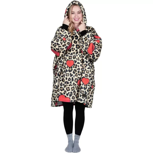 Catalonia Ribbit Deer Print Oversized Hoodie Blanket Sweatshirt Wearable Sherpa Giant Pullover for Adults Men Women Teenagers Wife Girlfriend GiftOne Size Leopard Heart Brown