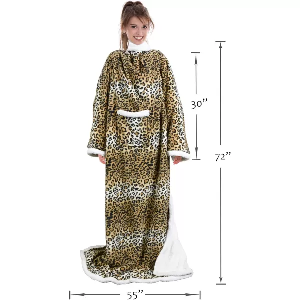 Catalonia Sherpa Wearable Blanket with Sleeves Arms Super Soft Warm Comfy Large Fleece Plush Sleeved TV Throws Wrap Robe Blanket for Adult Women and MenStandard Pocket Cheetah