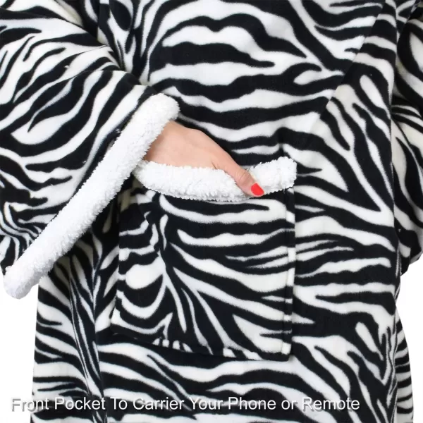 Catalonia Sherpa Wearable Blanket with Sleeves Arms Super Soft Warm Comfy Large Fleece Plush Sleeved TV Throws Wrap Robe Blanket for Adult Women and MenStandard Pocket Zebra