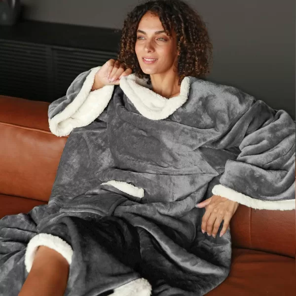 Catalonia Sherpa Wearable Blanket with Sleeves Arms Super Soft Warm Comfy Large Fleece Plush Sleeved TV Throws Wrap Robe Blanket for Adult Women and MenStandard Pocket Gray