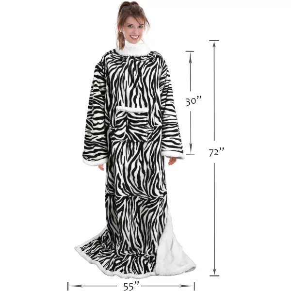 Catalonia Sherpa Wearable Blanket with Sleeves Arms Super Soft Warm Comfy Large Fleece Plush Sleeved TV Throws Wrap Robe Blanket for Adult Women and MenStandard Pocket Zebra