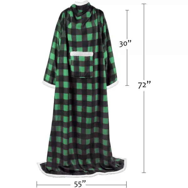 Catalonia Sherpa Wearable Blanket with Sleeves Arms Super Soft Warm Comfy Large Fleece Plush Sleeved TV Throws Wrap Robe Blanket for Adult Women and MenStandard Pocket Green Checker