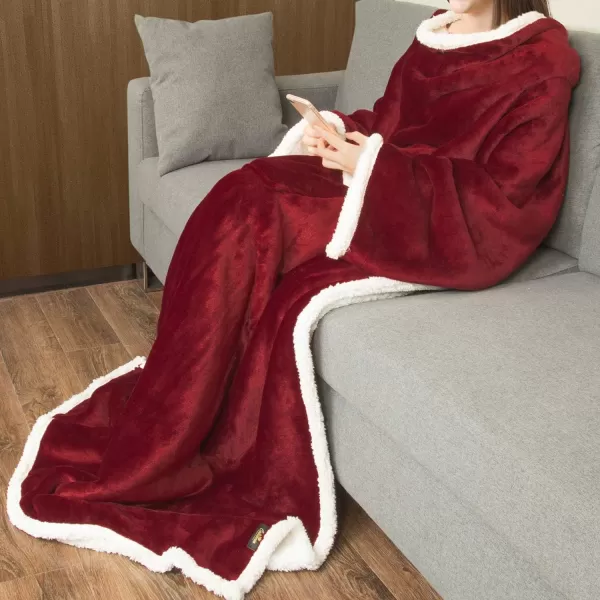 Catalonia Sherpa Wearable Blanket with Sleeves Arms Super Soft Warm Comfy Large Fleece Plush Sleeved TV Throws Wrap Robe Blanket for Adult Women and MenStandard Pocket Wine