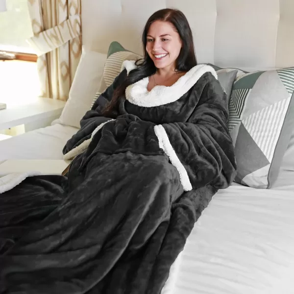 Catalonia Sherpa Wearable Blanket with Sleeves Arms Super Soft Warm Comfy Large Fleece Plush Sleeved TV Throws Wrap Robe Blanket for Adult Women and MenKangaroo Front Pocket Black