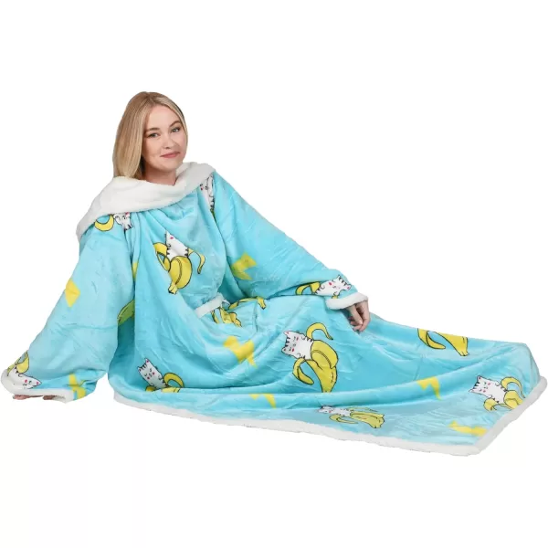 Catalonia Sherpa Wearable Blanket with Sleeves Arms Super Soft Warm Comfy Large Fleece Plush Sleeved TV Throws Wrap Robe Blanket for Adult Women and MenStandard Pocket Banana Cat Blue