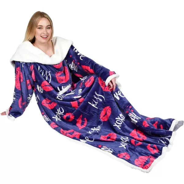 Catalonia Sherpa Wearable Blanket with Sleeves Arms Super Soft Warm Comfy Large Fleece Plush Sleeved TV Throws Wrap Robe Blanket for Adult Women and MenStandard Pocket Kiss Dark Blue