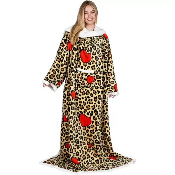 Catalonia Sherpa Wearable Blanket with Sleeves Arms Super Soft Warm Comfy Large Fleece Plush Sleeved TV Throws Wrap Robe Blanket for Adult Women and MenStandard Pocket Leopard Heart Brown