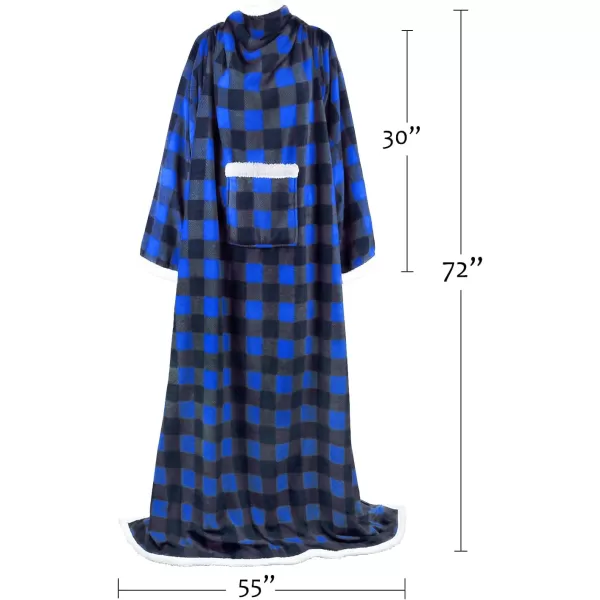 Catalonia Sherpa Wearable Blanket with Sleeves Arms Super Soft Warm Comfy Large Fleece Plush Sleeved TV Throws Wrap Robe Blanket for Adult Women and MenStandard Pocket Plaid Blue