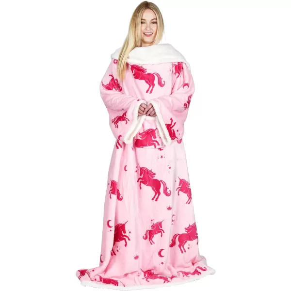 Catalonia Sherpa Wearable Blanket with Sleeves Arms Super Soft Warm Comfy Large Fleece Plush Sleeved TV Throws Wrap Robe Blanket for Adult Women and MenStandard Pocket Unicorn Pink