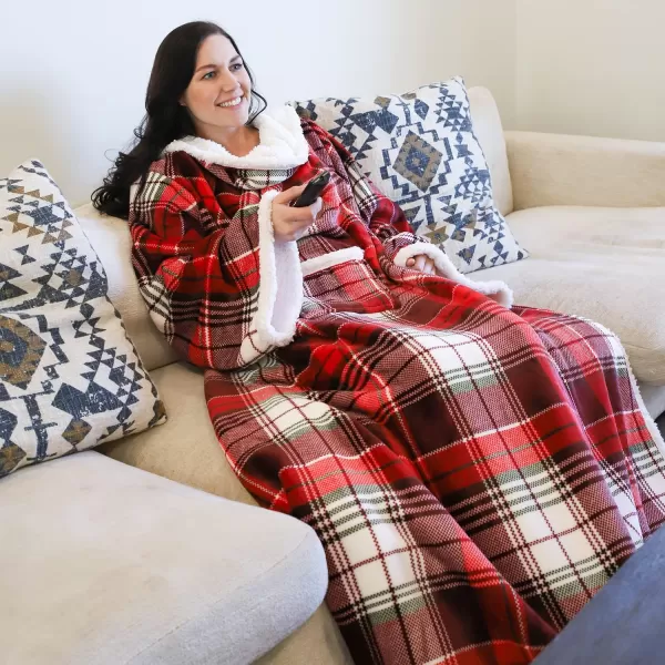 Catalonia Sherpa Wearable Blanket with Sleeves Arms Super Soft Warm Comfy Large Fleece Plush Sleeved TV Throws Wrap Robe Blanket for Adult Women and MenStandard Pocket Red Plaid