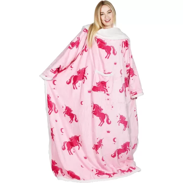 Catalonia Sherpa Wearable Blanket with Sleeves Arms Super Soft Warm Comfy Large Fleece Plush Sleeved TV Throws Wrap Robe Blanket for Adult Women and MenStandard Pocket Unicorn Pink