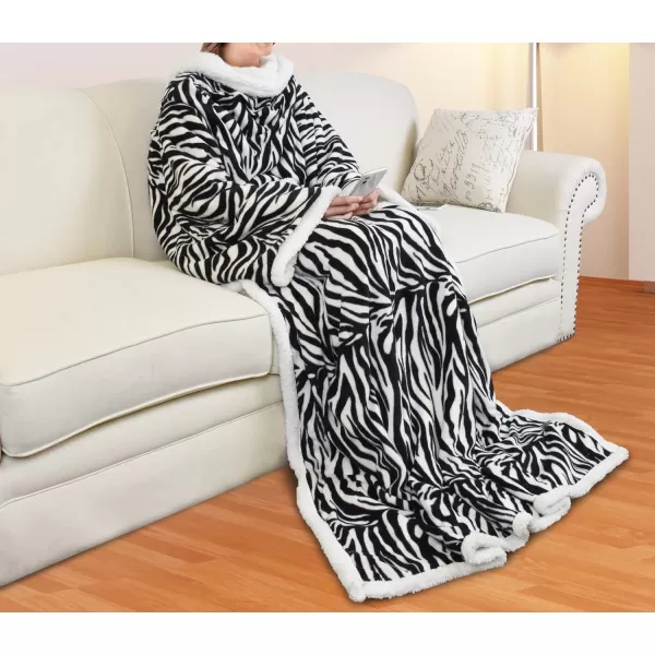 Catalonia Sherpa Wearable Blanket with Sleeves Arms Super Soft Warm Comfy Large Fleece Plush Sleeved TV Throws Wrap Robe Blanket for Adult Women and MenStandard Pocket Zebra