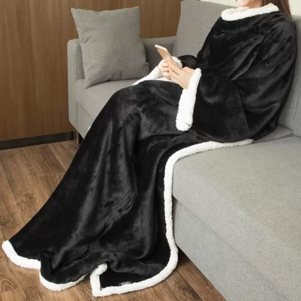 Catalonia Sherpa Wearable Blanket with Sleeves Arms Super Soft Warm Comfy Large Fleece Plush Sleeved TV Throws Wrap Robe Blanket for Adult Women and MenStandard Pocket Black