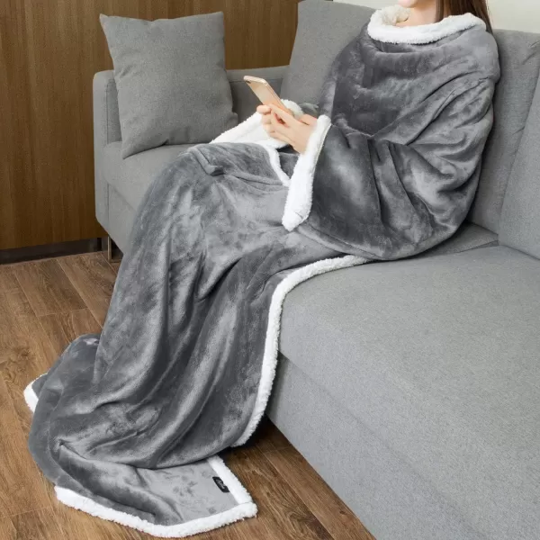 Catalonia Sherpa Wearable Blanket with Sleeves Arms Super Soft Warm Comfy Large Fleece Plush Sleeved TV Throws Wrap Robe Blanket for Adult Women and MenStandard Pocket Gray