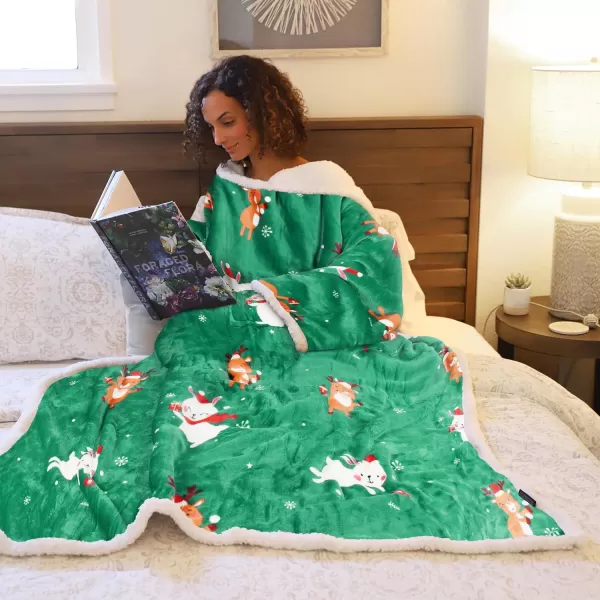 Catalonia Sherpa Wearable Blanket with Sleeves Arms Super Soft Warm Comfy Large Fleece Plush Sleeved TV Throws Wrap Robe Blanket for Adult Women and MenStandard Pocket Ribbit Deer Green