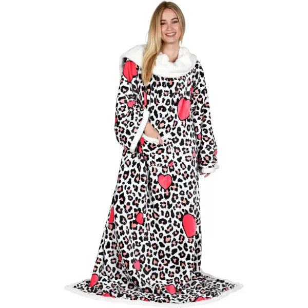 Catalonia Sherpa Wearable Blanket with Sleeves Arms Super Soft Warm Comfy Large Fleece Plush Sleeved TV Throws Wrap Robe Blanket for Adult Women and MenStandard Pocket Leopard Heart White