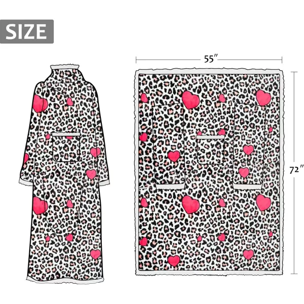 Catalonia Sherpa Wearable Blanket with Sleeves Arms Super Soft Warm Comfy Large Fleece Plush Sleeved TV Throws Wrap Robe Blanket for Adult Women and MenStandard Pocket Leopard Heart White