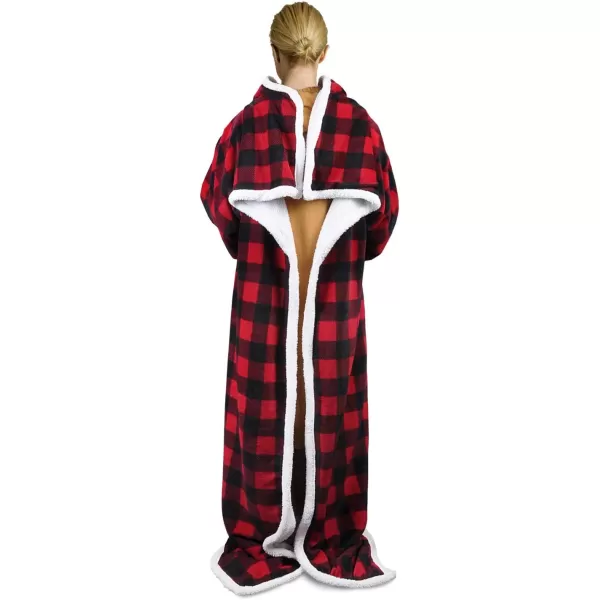 Catalonia Sherpa Wearable Blanket with Sleeves Arms Super Soft Warm Comfy Large Fleece Plush Sleeved TV Throws Wrap Robe Blanket for Adult Women and MenStandard Pocket Red Checker