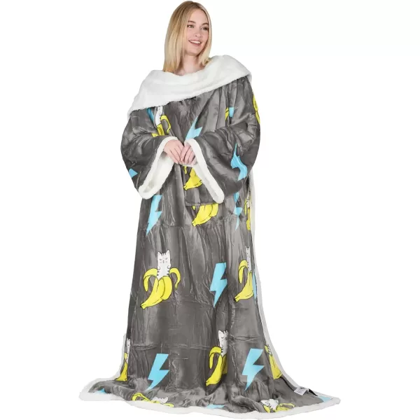 Catalonia Sherpa Wearable Blanket with Sleeves Arms Super Soft Warm Comfy Large Fleece Plush Sleeved TV Throws Wrap Robe Blanket for Adult Women and MenStandard Pocket Banana Cat Gray