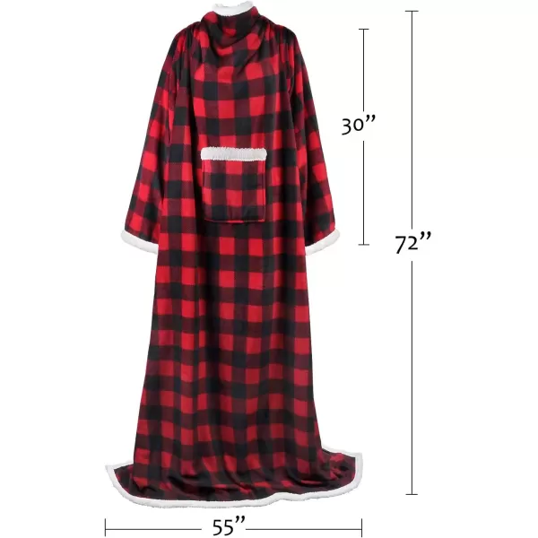 Catalonia Sherpa Wearable Blanket with Sleeves Arms Super Soft Warm Comfy Large Fleece Plush Sleeved TV Throws Wrap Robe Blanket for Adult Women and MenStandard Pocket Red Checker