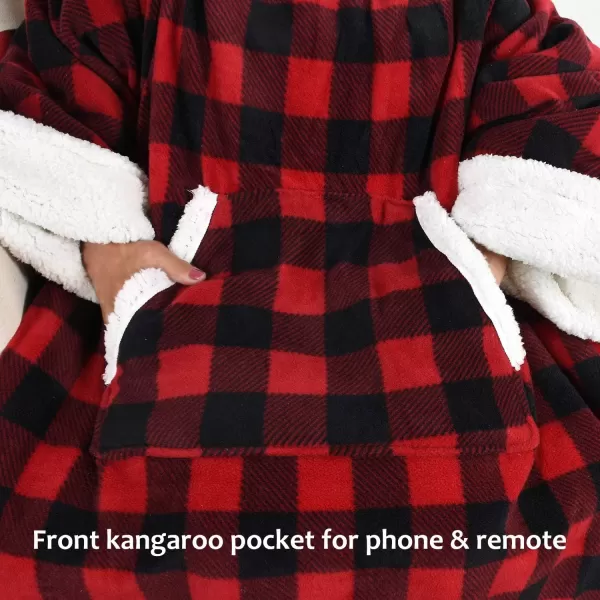 Catalonia Sherpa Wearable Blanket with Sleeves Arms Super Soft Warm Comfy Large Fleece Plush Sleeved TV Throws Wrap Robe Blanket for Adult Women and MenKangaroo Front Pocket Red Checker