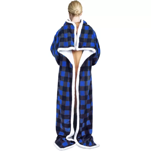 Catalonia Sherpa Wearable Blanket with Sleeves Arms Super Soft Warm Comfy Large Fleece Plush Sleeved TV Throws Wrap Robe Blanket for Adult Women and MenStandard Pocket Plaid Blue