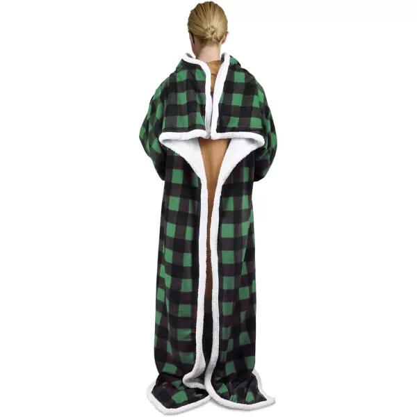 Catalonia Sherpa Wearable Blanket with Sleeves Arms Super Soft Warm Comfy Large Fleece Plush Sleeved TV Throws Wrap Robe Blanket for Adult Women and MenStandard Pocket Green Checker