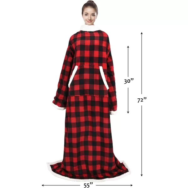 Catalonia Sherpa Wearable Blanket with Sleeves Arms Super Soft Warm Comfy Large Fleece Plush Sleeved TV Throws Wrap Robe Blanket for Adult Women and MenKangaroo Front Pocket Red Checker