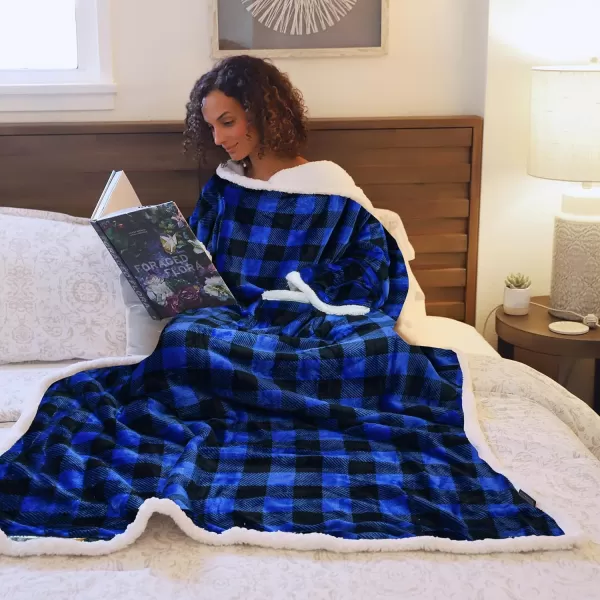 Catalonia Sherpa Wearable Blanket with Sleeves Arms Super Soft Warm Comfy Large Fleece Plush Sleeved TV Throws Wrap Robe Blanket for Adult Women and MenStandard Pocket Plaid Blue