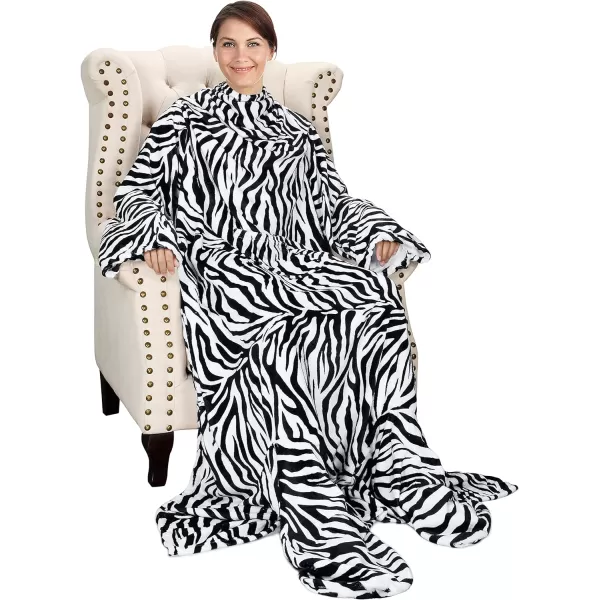 Catalonia Sherpa Wearable Blanket with Sleeves amp Foot Pockets for Adult Women Men Comfy Snuggle Wrap Sleeved Throw Blanket Robe Gift Idea PlaidFleece Zebra