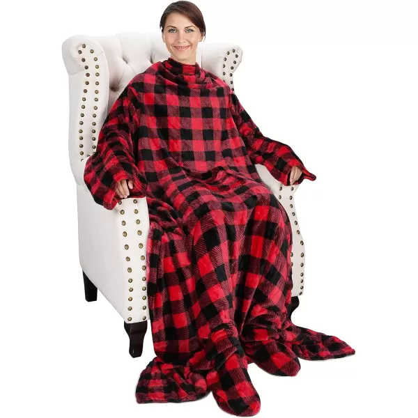 Catalonia Sherpa Wearable Blanket with Sleeves amp Foot Pockets for Adult Women Men Comfy Snuggle Wrap Sleeved Throw Blanket Robe Gift Idea PlaidFleece Red Checker