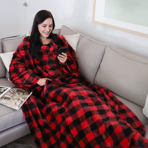 Catalonia Sherpa Wearable Blanket with Sleeves amp Foot Pockets for Adult Women Men Comfy Snuggle Wrap Sleeved Throw Blanket Robe Gift Idea PlaidFleece Red Checker