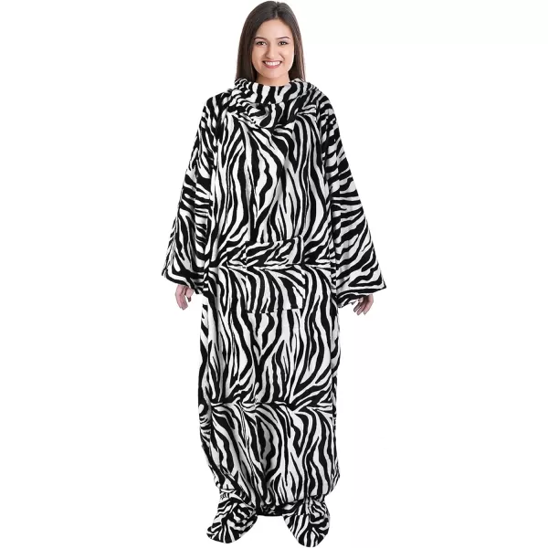 Catalonia Sherpa Wearable Blanket with Sleeves amp Foot Pockets for Adult Women Men Comfy Snuggle Wrap Sleeved Throw Blanket Robe Gift Idea PlaidFleece Zebra