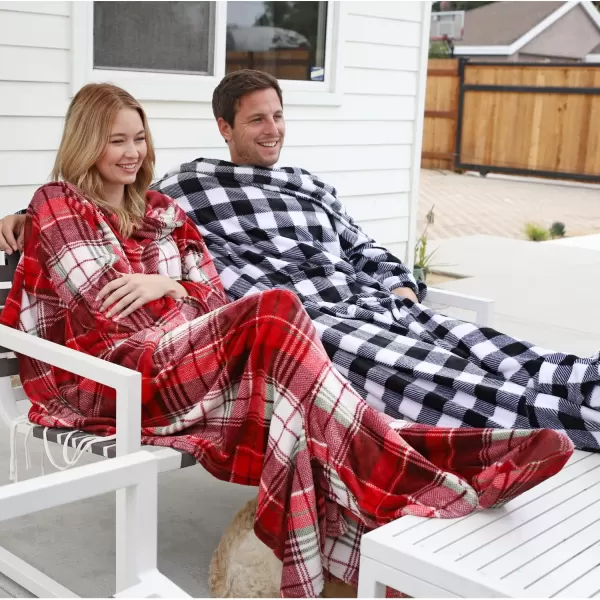 Catalonia Sherpa Wearable Blanket with Sleeves amp Foot Pockets for Adult Women Men Comfy Snuggle Wrap Sleeved Throw Blanket Robe Gift Idea PlaidFleece Plaid White