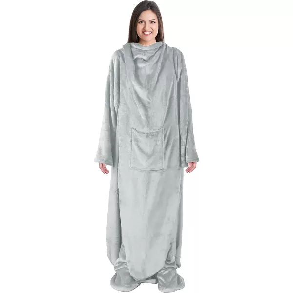 Catalonia Sherpa Wearable Blanket with Sleeves amp Foot Pockets for Adult Women Men Comfy Snuggle Wrap Sleeved Throw Blanket Robe Gift Idea PlaidFleece Light Gray