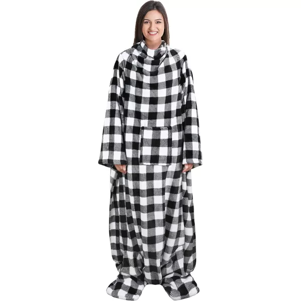 Catalonia Sherpa Wearable Blanket with Sleeves amp Foot Pockets for Adult Women Men Comfy Snuggle Wrap Sleeved Throw Blanket Robe Gift Idea PlaidFleece Plaid White