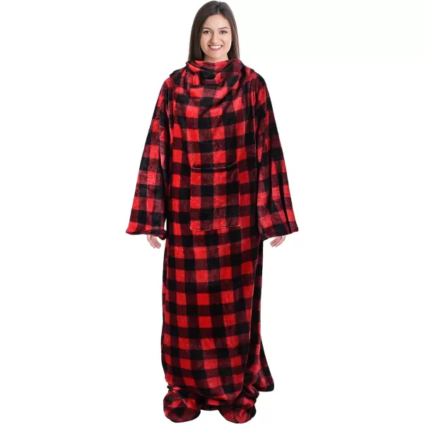 Catalonia Sherpa Wearable Blanket with Sleeves amp Foot Pockets for Adult Women Men Comfy Snuggle Wrap Sleeved Throw Blanket Robe Gift Idea PlaidFleece Red Checker