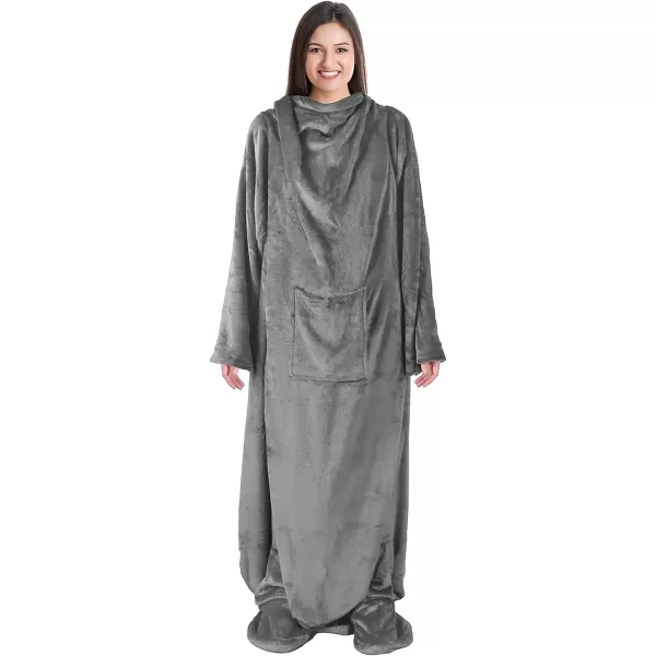 Catalonia Sherpa Wearable Blanket with Sleeves amp Foot Pockets for Adult Women Men Comfy Snuggle Wrap Sleeved Throw Blanket Robe Gift Idea PlaidFleece Gray