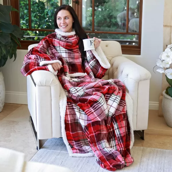 Catalonia Sherpa Wearable Blanket with Sleeves amp Foot Pockets for Adult Women Men Comfy Snuggle Wrap Sleeved Throw Blanket Robe Gift Idea PlaidSherpa Lining Red Plaid