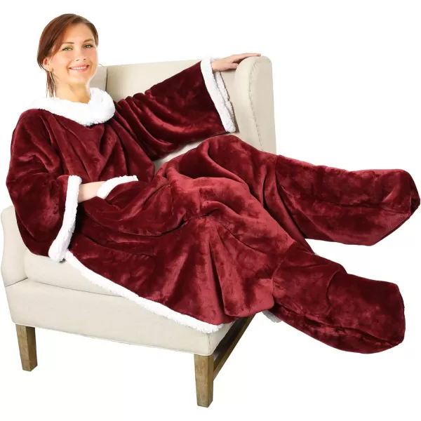 Catalonia Sherpa Wearable Blanket with Sleeves amp Foot Pockets for Adult Women Men Comfy Snuggle Wrap Sleeved Throw Blanket Robe Gift Idea PlaidSherpa Lining Wine