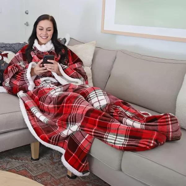 Catalonia Sherpa Wearable Blanket with Sleeves amp Foot Pockets for Adult Women Men Comfy Snuggle Wrap Sleeved Throw Blanket Robe Gift Idea PlaidSherpa Lining Red Plaid