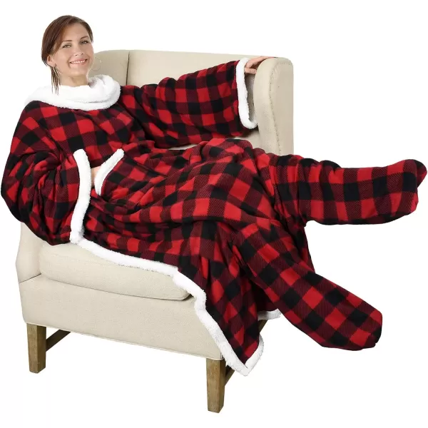 Catalonia Sherpa Wearable Blanket with Sleeves amp Foot Pockets for Adult Women Men Comfy Snuggle Wrap Sleeved Throw Blanket Robe Gift Idea PlaidSherpa Lining Red Checker