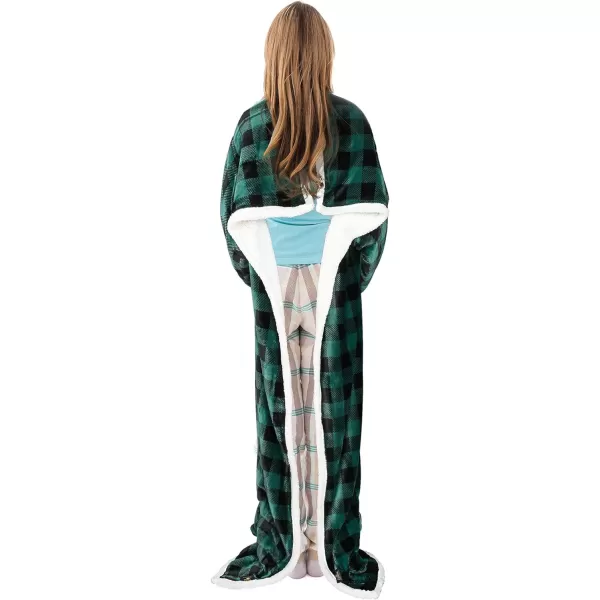 Catalonia Sherpa Wearable Blanket with Sleeves amp Foot Pockets for Adult Women Men Comfy Snuggle Wrap Sleeved Throw Blanket Robe Gift Idea PlaidSherpa Lining Green Checker