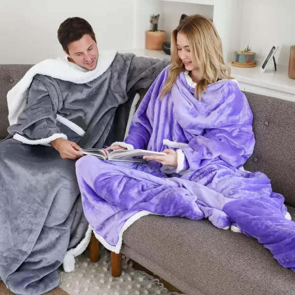 Catalonia Sherpa Wearable Blanket with Sleeves amp Foot Pockets for Adult Women Men Comfy Snuggle Wrap Sleeved Throw Blanket Robe Gift Idea PlaidSherpa Lining Purple