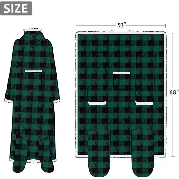 Catalonia Sherpa Wearable Blanket with Sleeves amp Foot Pockets for Adult Women Men Comfy Snuggle Wrap Sleeved Throw Blanket Robe Gift Idea PlaidSherpa Lining Green Checker