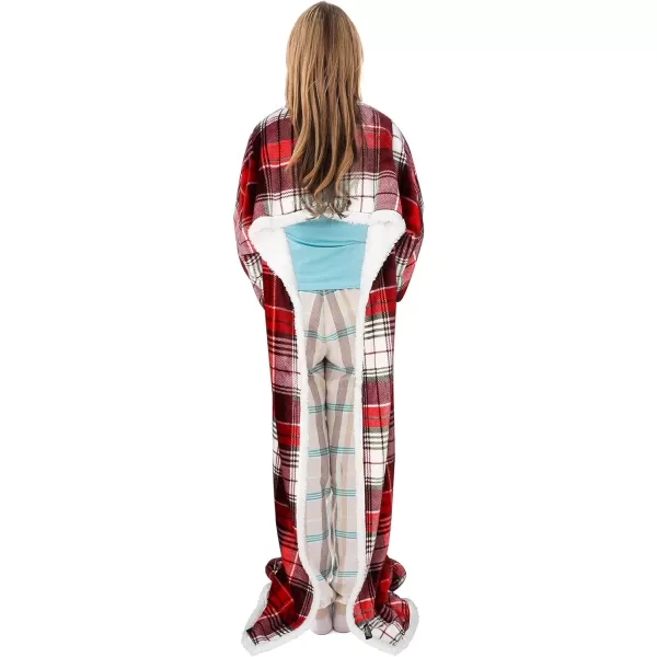 Catalonia Sherpa Wearable Blanket with Sleeves amp Foot Pockets for Adult Women Men Comfy Snuggle Wrap Sleeved Throw Blanket Robe Gift Idea PlaidSherpa Lining Red Checker